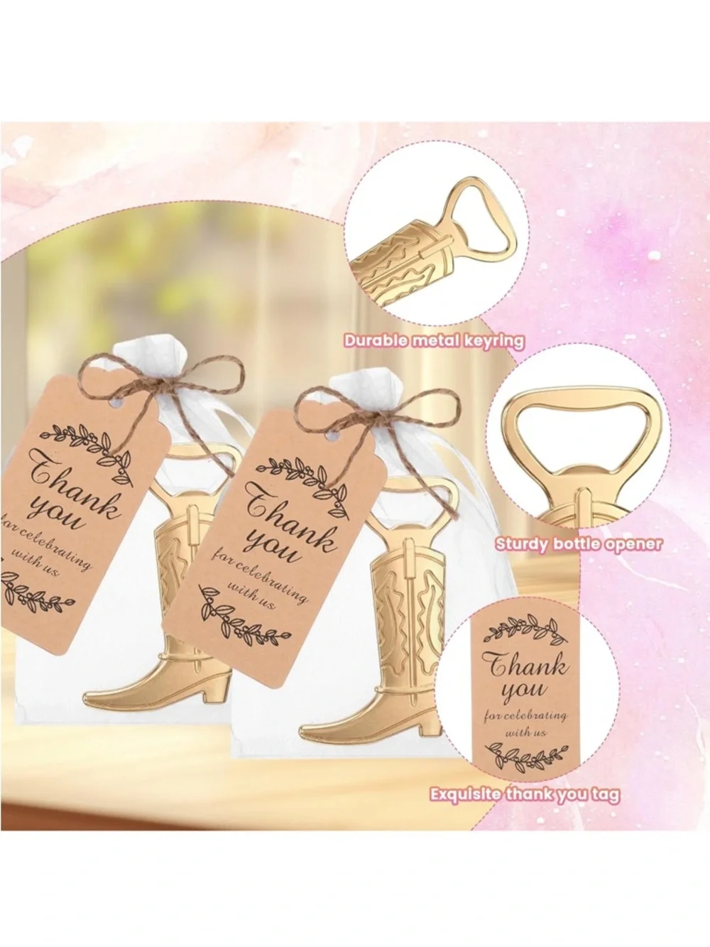 Party Cowboy Boot Bottle Openers with Thank You Tags - Gold